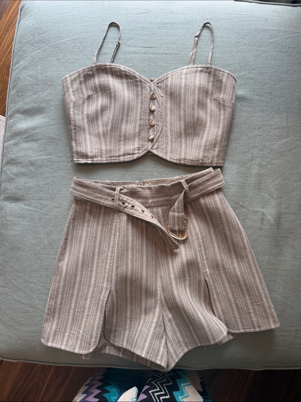 High-Waist Striped Linen-Blend Shorts in Beige